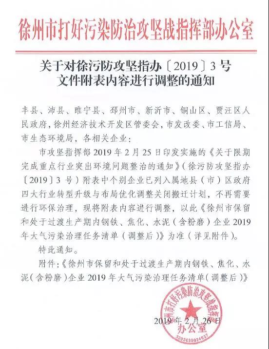 《徐州处于保留和过渡期内钢铁、水泥、焦化企业2019年大气污染治理任务清单》